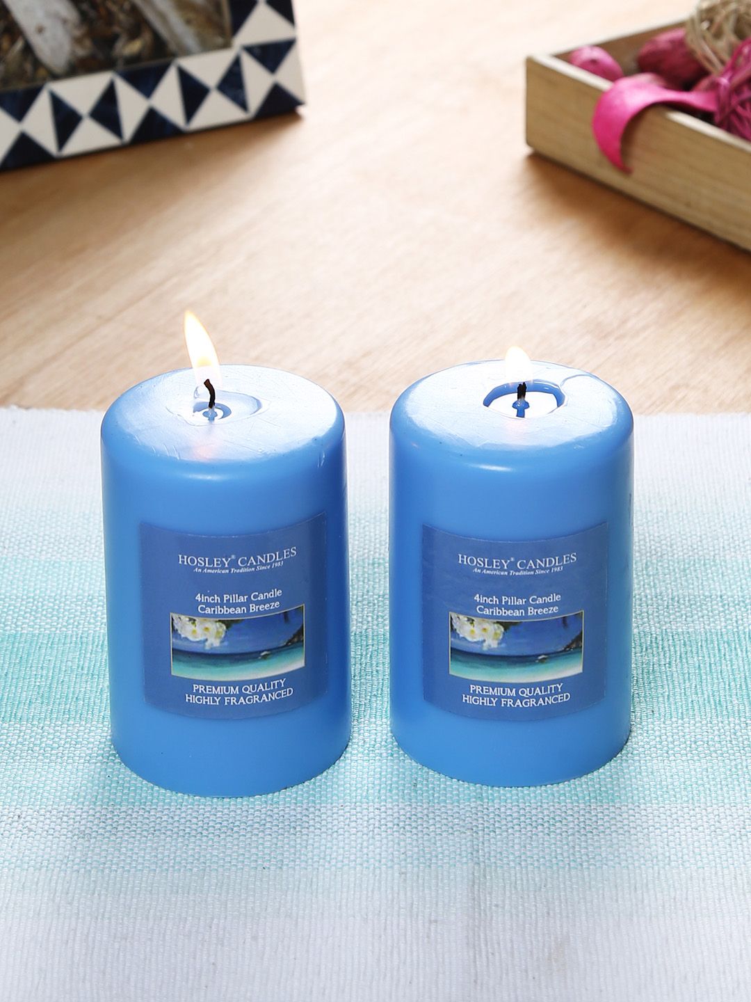 HOSLEY Set of 2 Blue Caribbean Breeze Fragranced Wax Pillar Candles Price in India