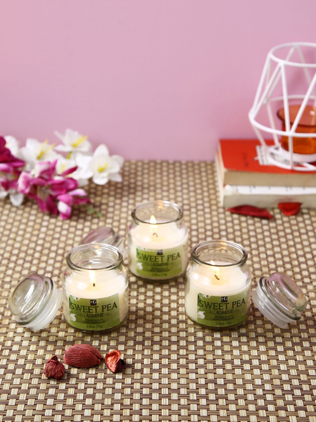 HOSLEY Set of 3 White Sweet Pea Jasmine Fragrance Jar Candles Price in India