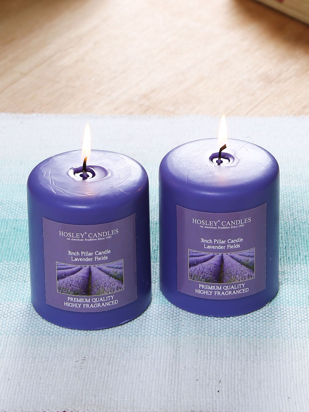 HOSLEY Set of 2 Purple Lavender Fields Fragranced Wax Pillar Candles Price in India