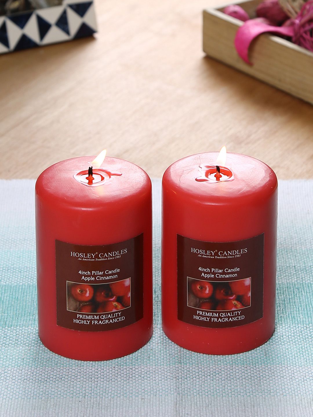 HOSLEY Set of 2 Red Apple Cinnamon Fragranced Wax Pillar Candles Price in India
