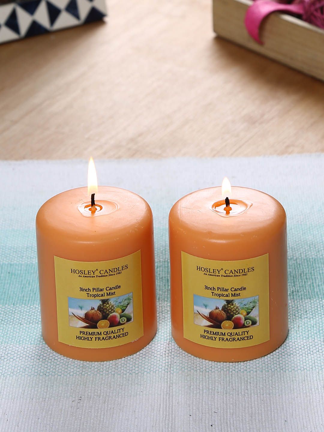 HOSLEY Set of 2 Orange Tropical Mist Fragranced  Wax Pillar Candles Price in India