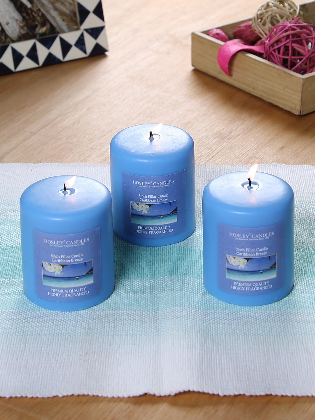 HOSLEY Set of 3 Blue Caribbean Breeze Fragranced Wax Pillar Candles Price in India