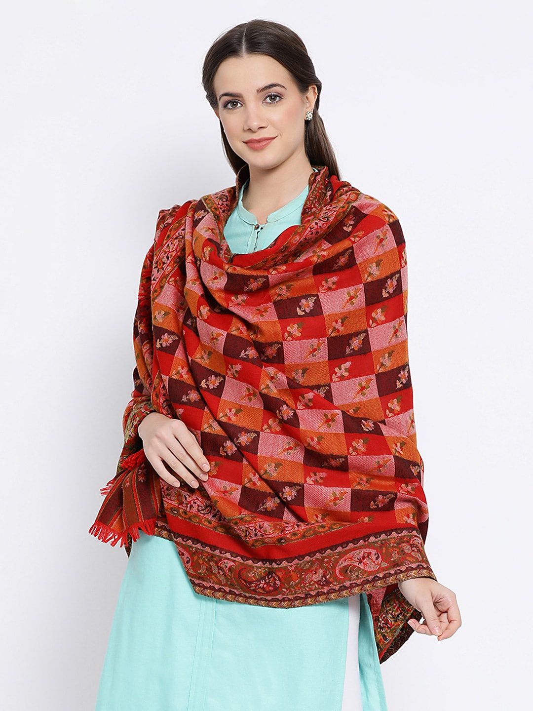 SHINGORA Women Maroon Woven Design Pure Woolen Shawl Price in India