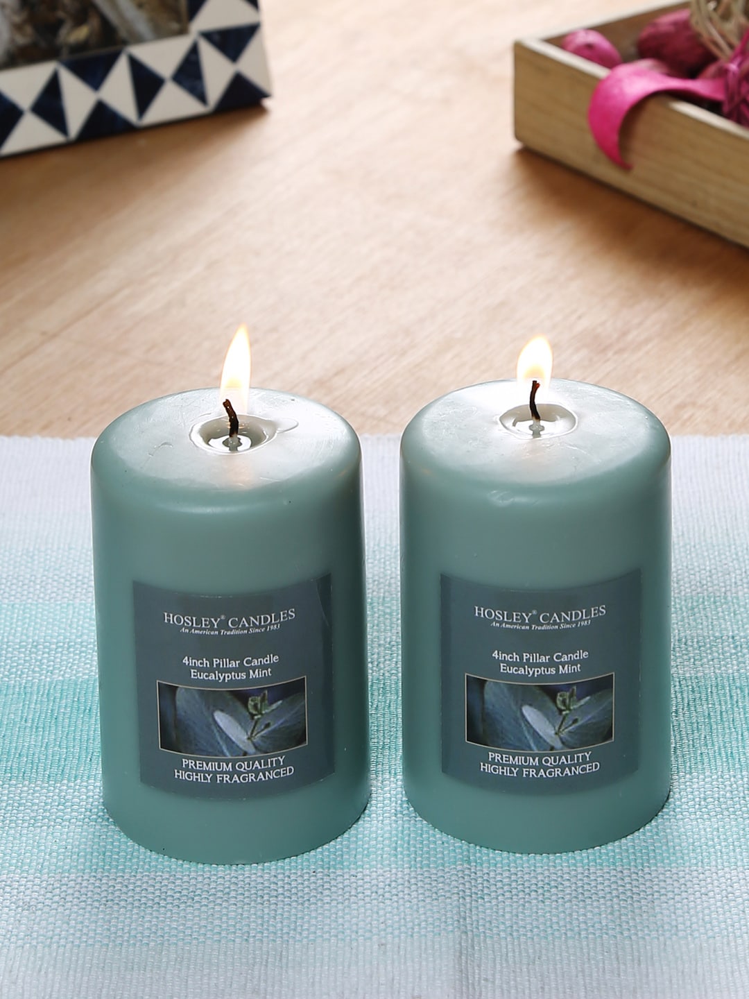 HOSLEY Set of 2 Grey Eucalyptus Mint Fragranced Wax Pillar Candles Price in India