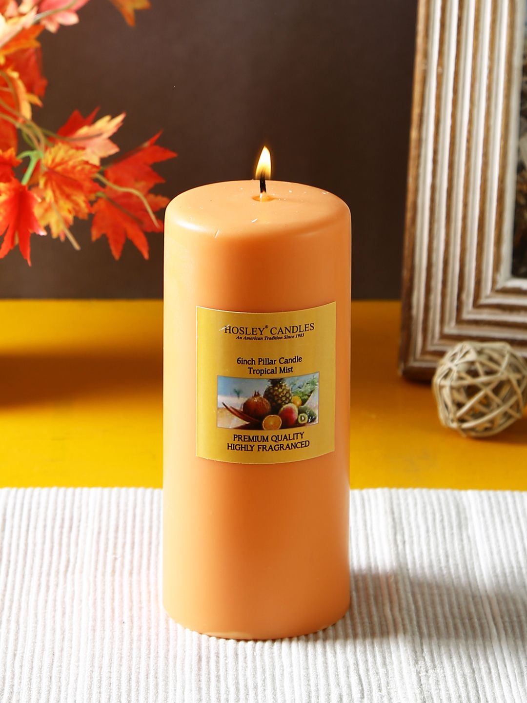 HOSLEY Orange Tropical Mist Fragranced Wax Pillar Candle Price in India