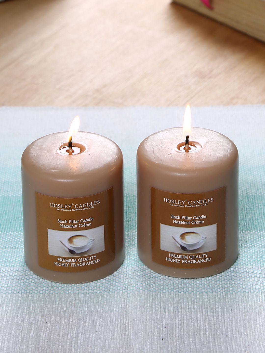 HOSLEY Set of 2 Brown Hazelnut Creme Fragranced Wax Pillar Candles Price in India