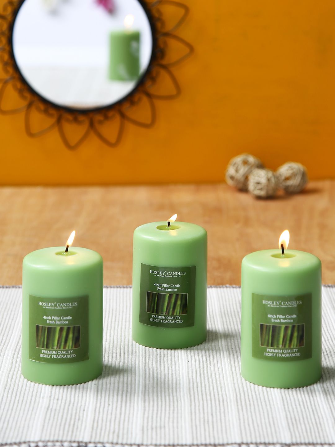 HOSLEY Set of 3 Green Fresh Bamboo Fragranced Wax Pillar Candles Price in India