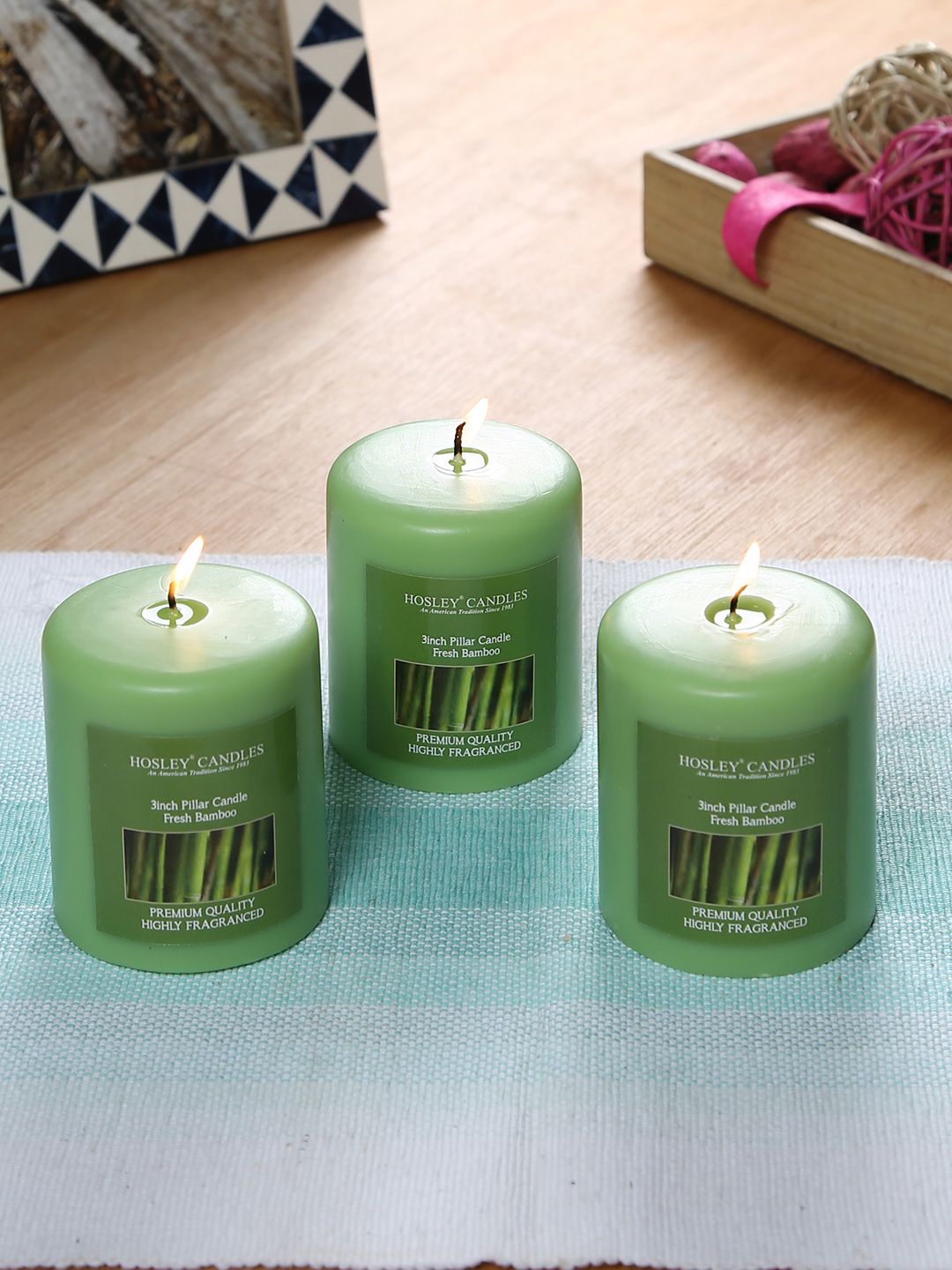 HOSLEY Set of 3 Green Fresh Bamboo Fragranced Wax Pillar Candles Price in India