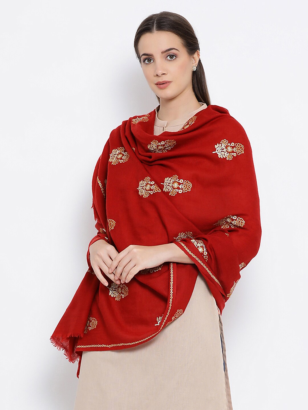 SHINGORA Women Red & Beige Emboidered Pure Woolen Shawl Price in India