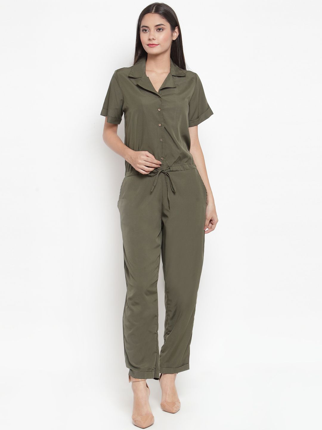 Color Cocktail Women Olive Green Solid Basic Jumpsuit Price in India