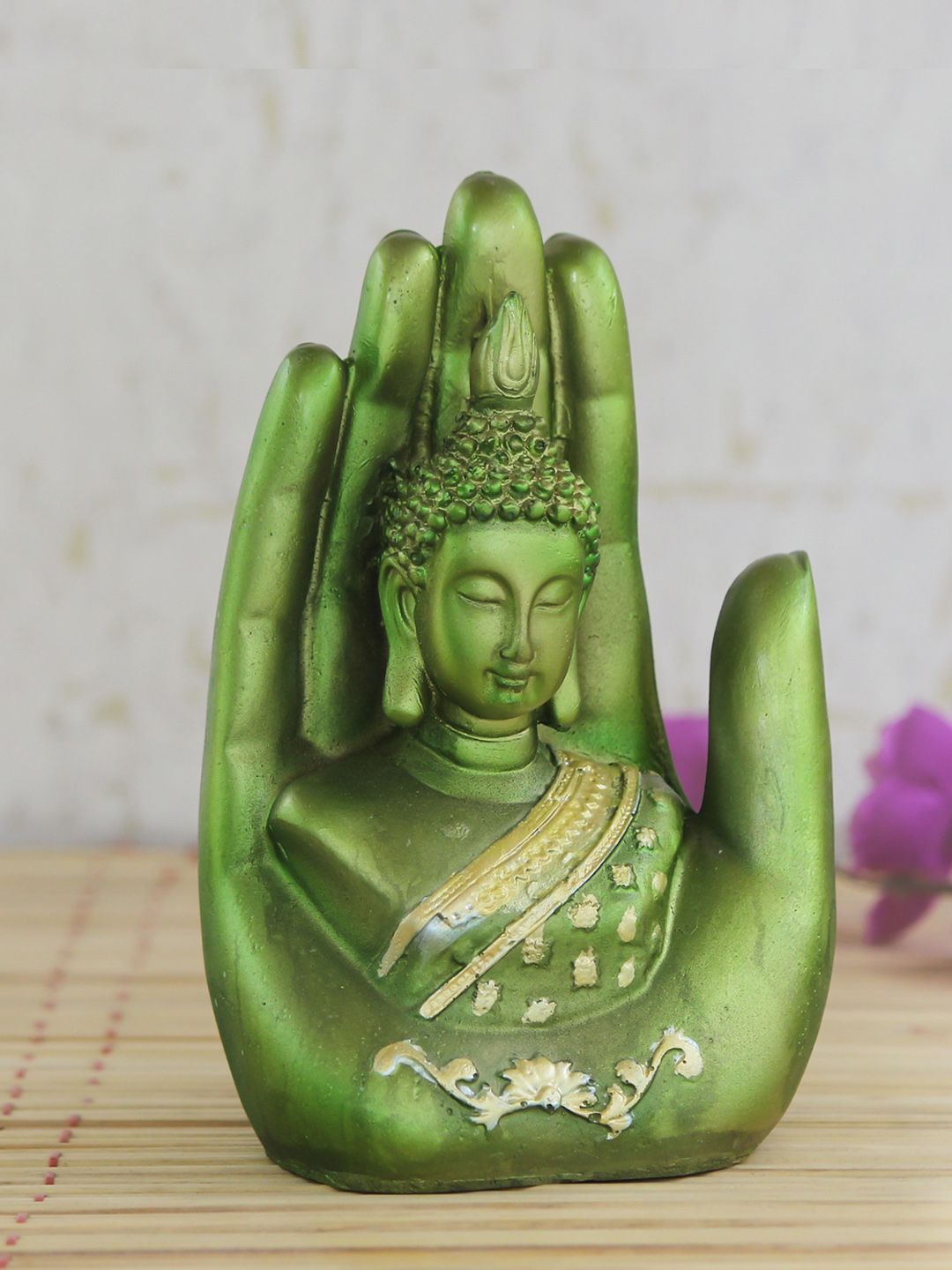 eCraftIndia Green and Gold-Toned Handcrafted Palm Buddha Showpiece Price in India