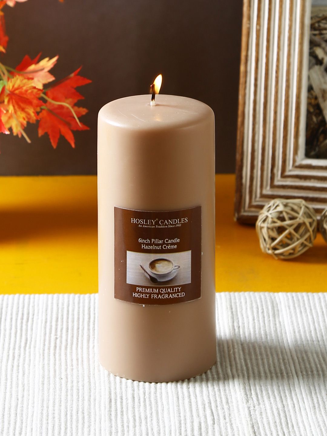 HOSLEY Brown Hazelnut Creme Fragranced Wax Pillar Candle Price in India