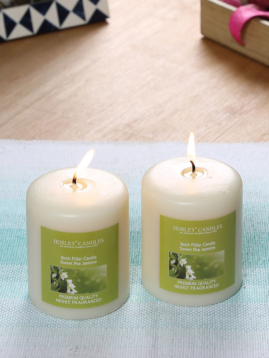 HOSLEY Set of 2 White Sweet Pea Jasmine Fragranced 3inch Wax Pillar Candles Price in India