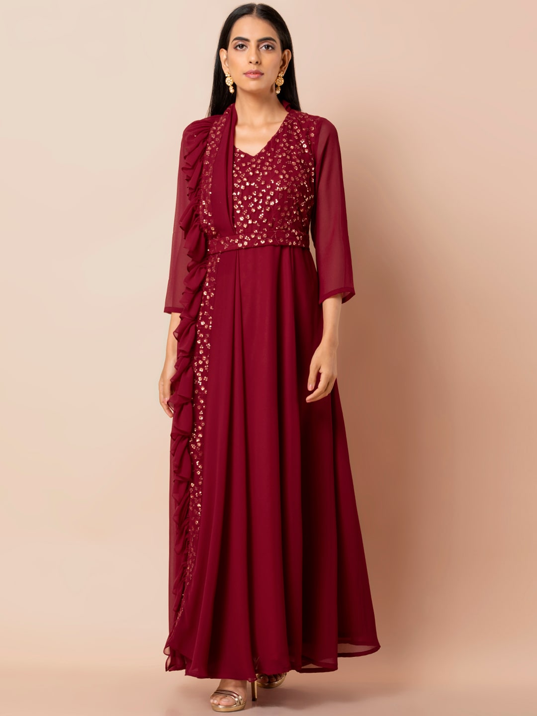 INDYA Women Maroon Belted Anarkali Dress with Attached Dupatta Price in India