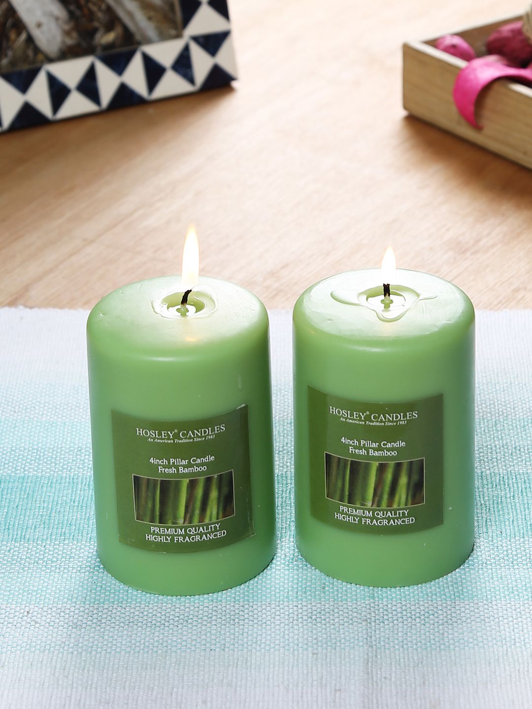 HOSLEY Set of 2 Green Fresh Bamboo Fragranced 4inch Wax Pillar Candles Price in India