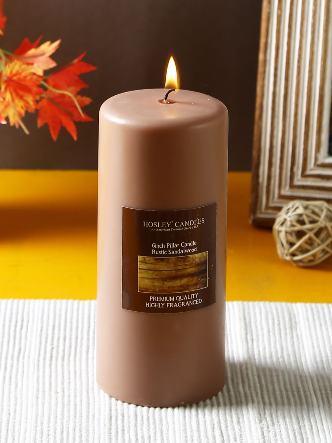HOSLEY Brown Rustic Sandalwood Fragranced Wax Pillar Candle Price in India