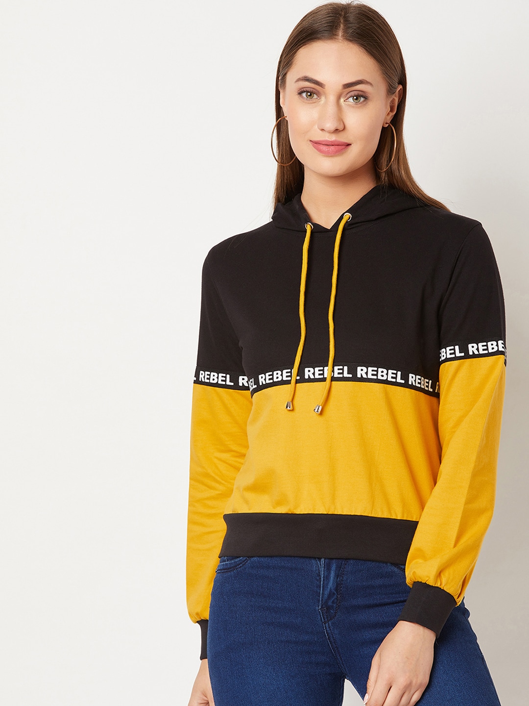Miss Chase Women Yellow & Black Colourblocked Hooded Sweatshirt Price in India