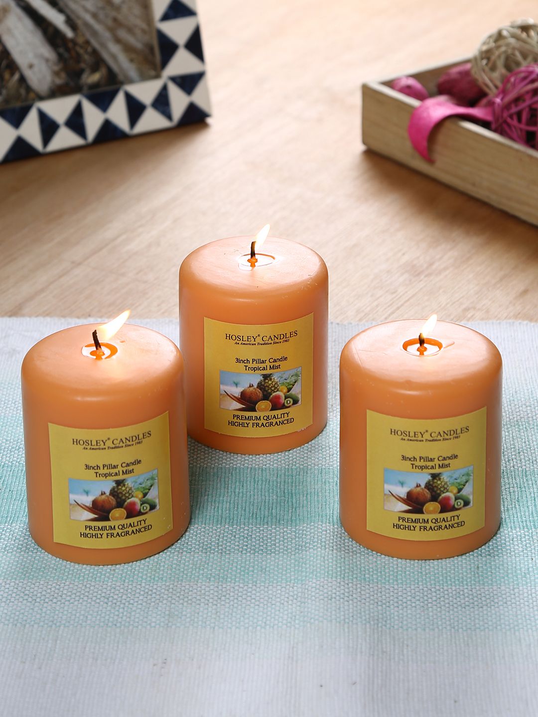 HOSLEY Set of 3 Orange Tropical Mist Fragranced Wax Pillar Candles Price in India