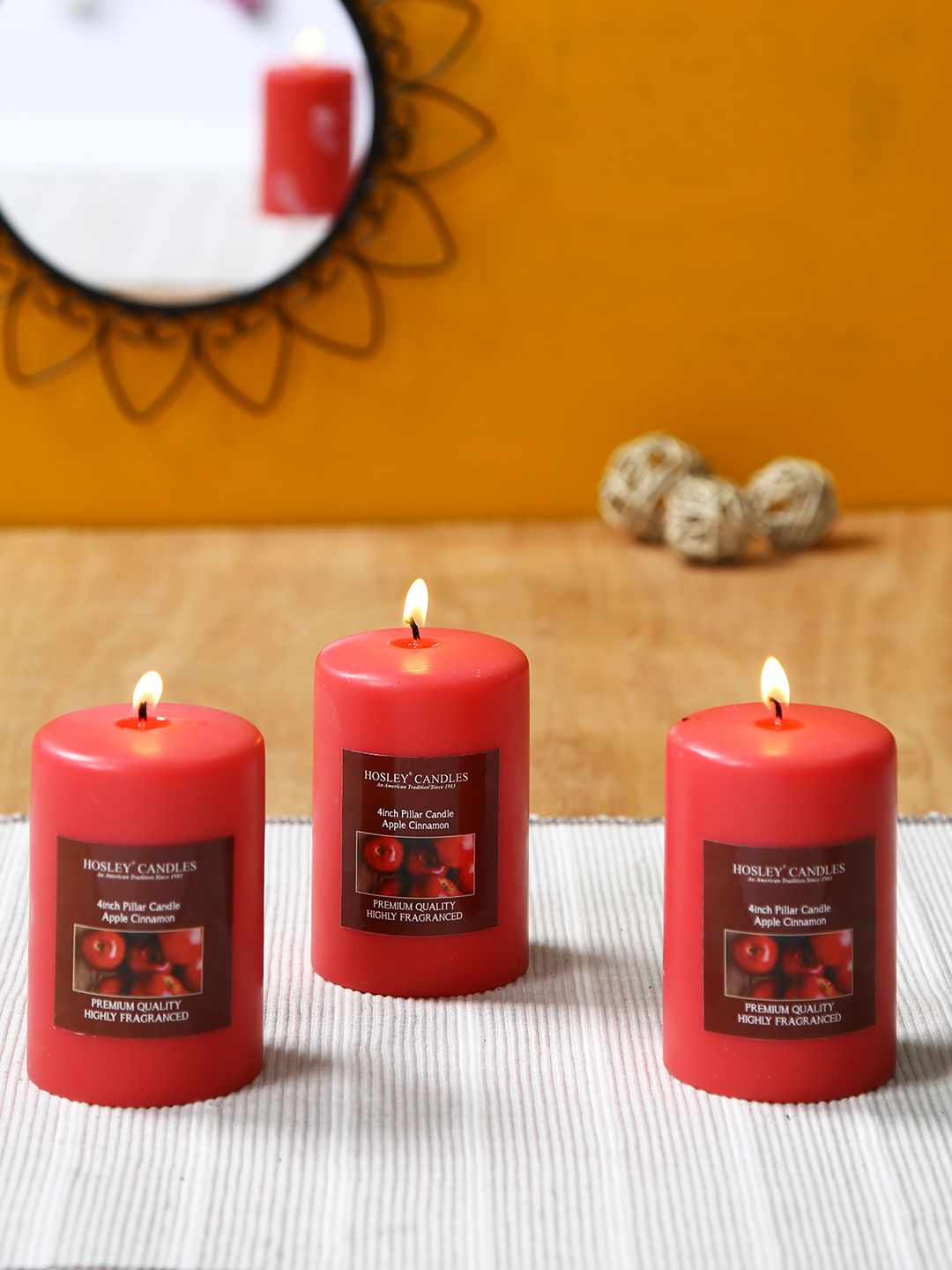 HOSLEY Set of 3 Red Apple Cinnamon Fragranced Wax Pillar Candles Price in India