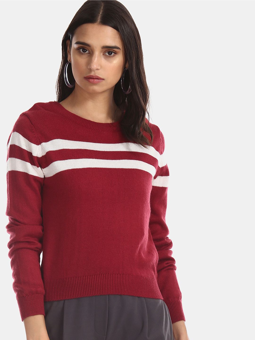 Aeropostale Women Maroon & White Striped Sweater Price in India