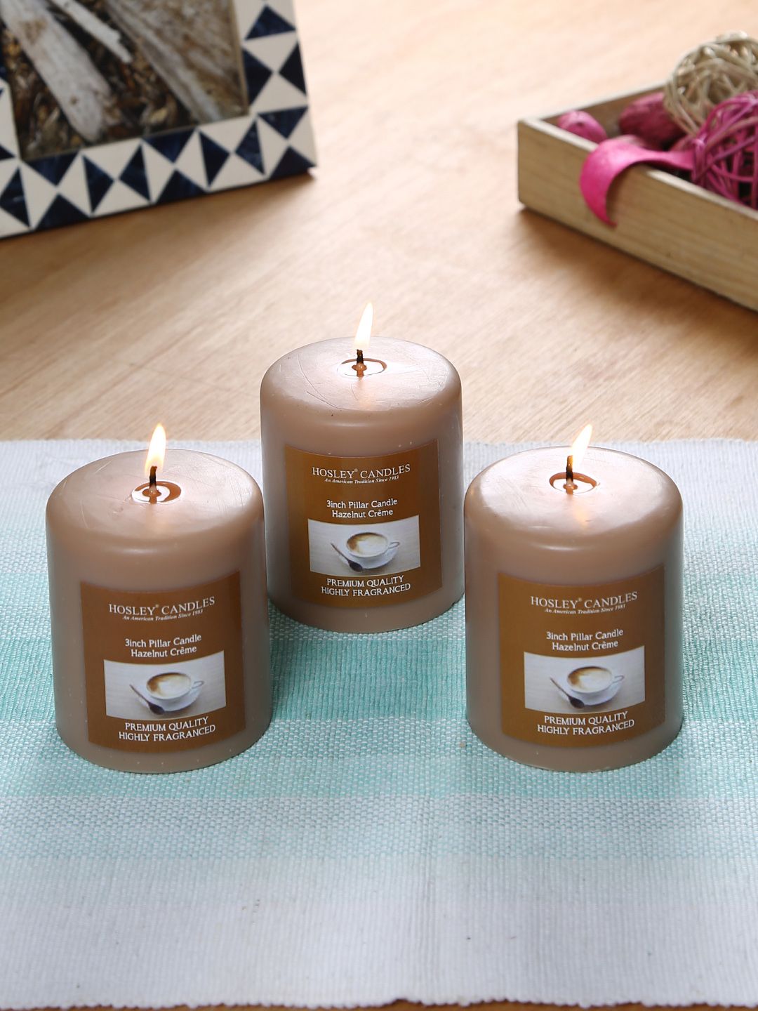HOSLEY Set of 3 Brown Hazelnut Creme Fragranced Wax Pillar Candles Price in India