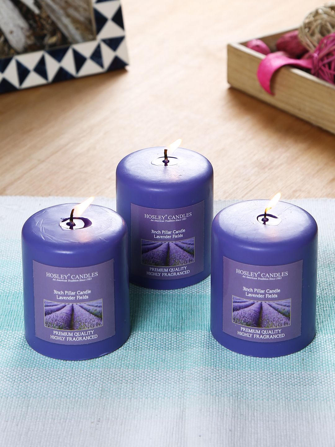 HOSLEY Set of 3 Purple Lavender Fields Fragranced Wax Pillar Candles Price in India