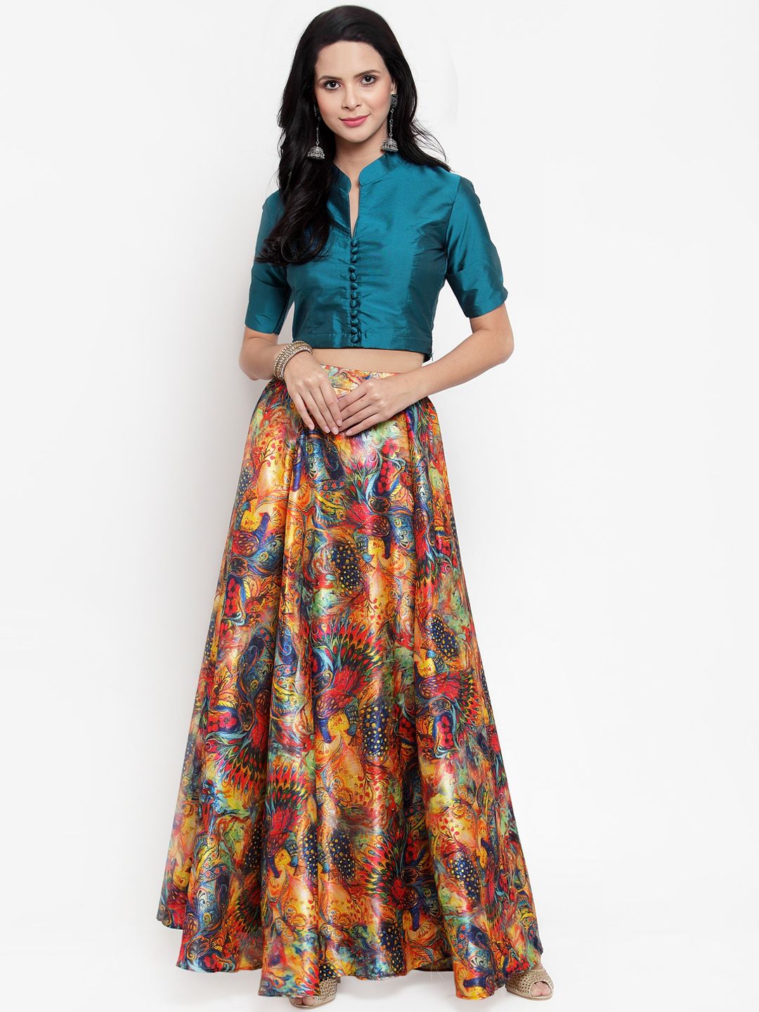 Get Glamr Multicoloured Ready to Wear Lehenga with Teal Blue Blouse Price in India
