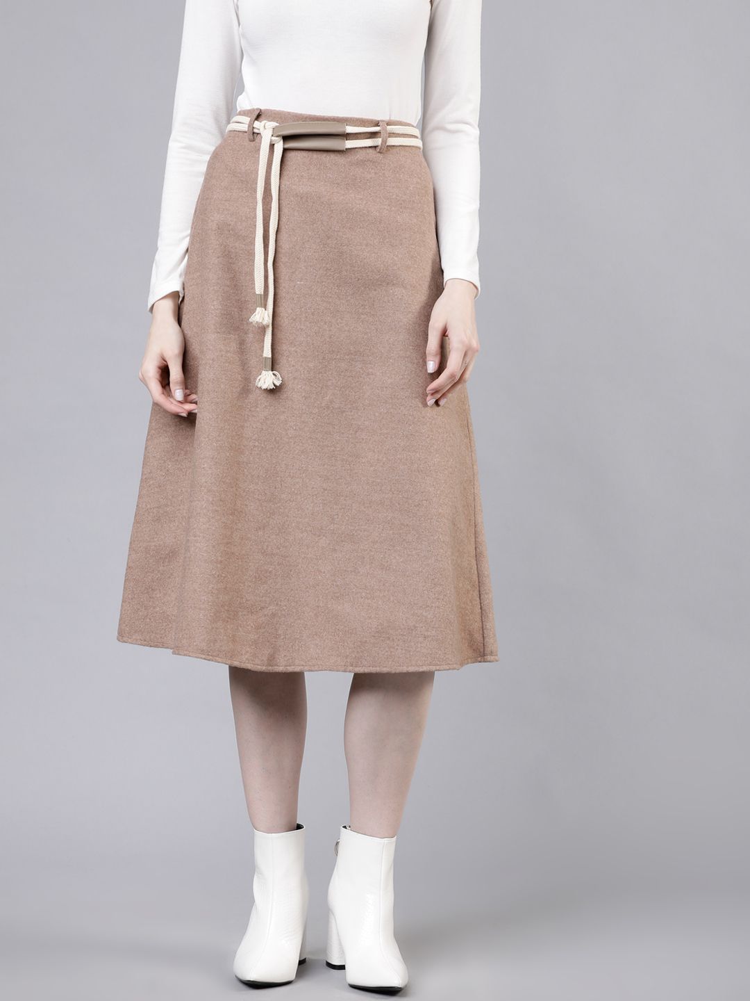 Tokyo Talkies Women Beige Flared Knee-Length Solid A-Line Skirt