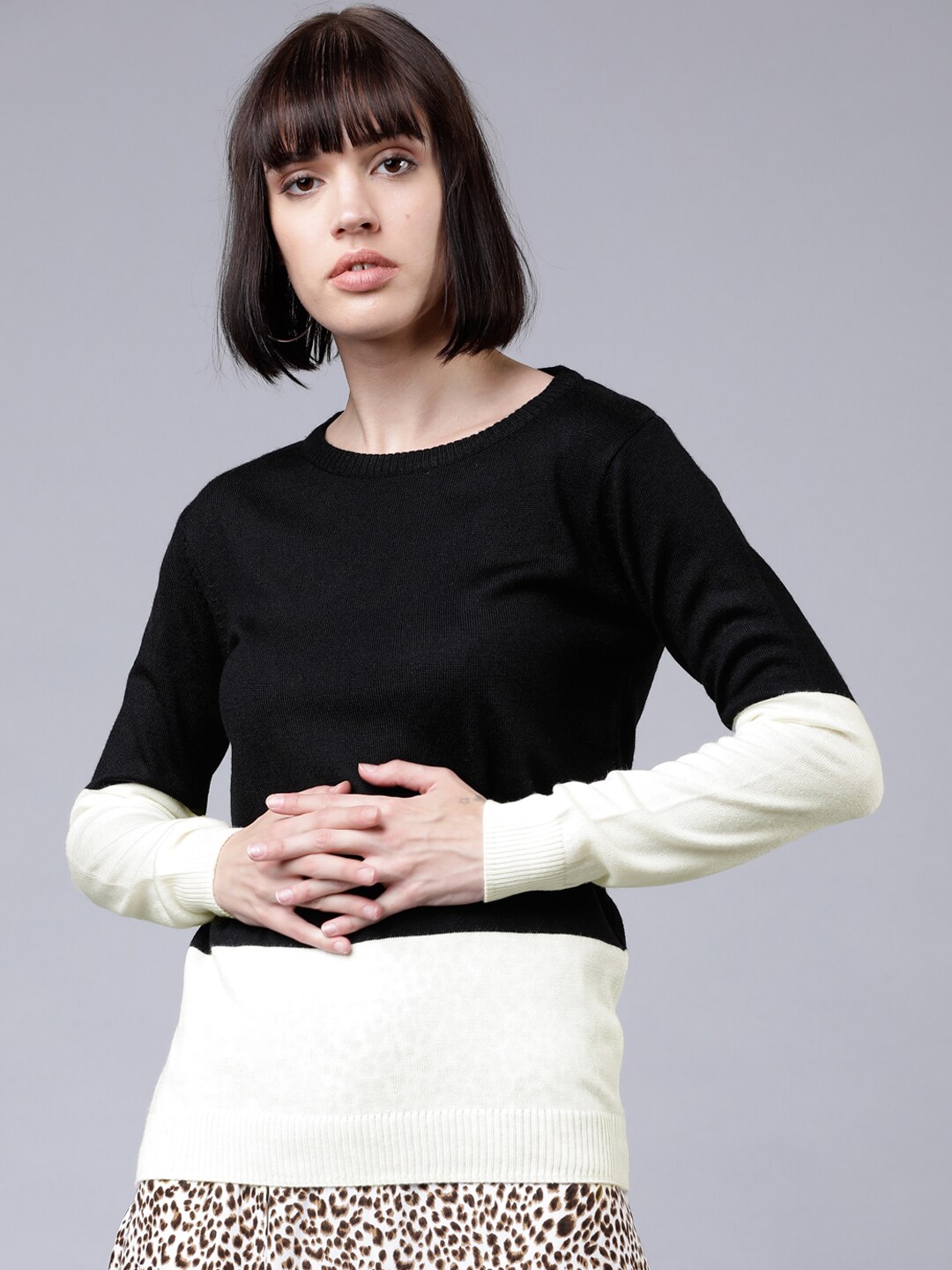Tokyo Talkies Women White & Black Colourblocked Sweater Price in India