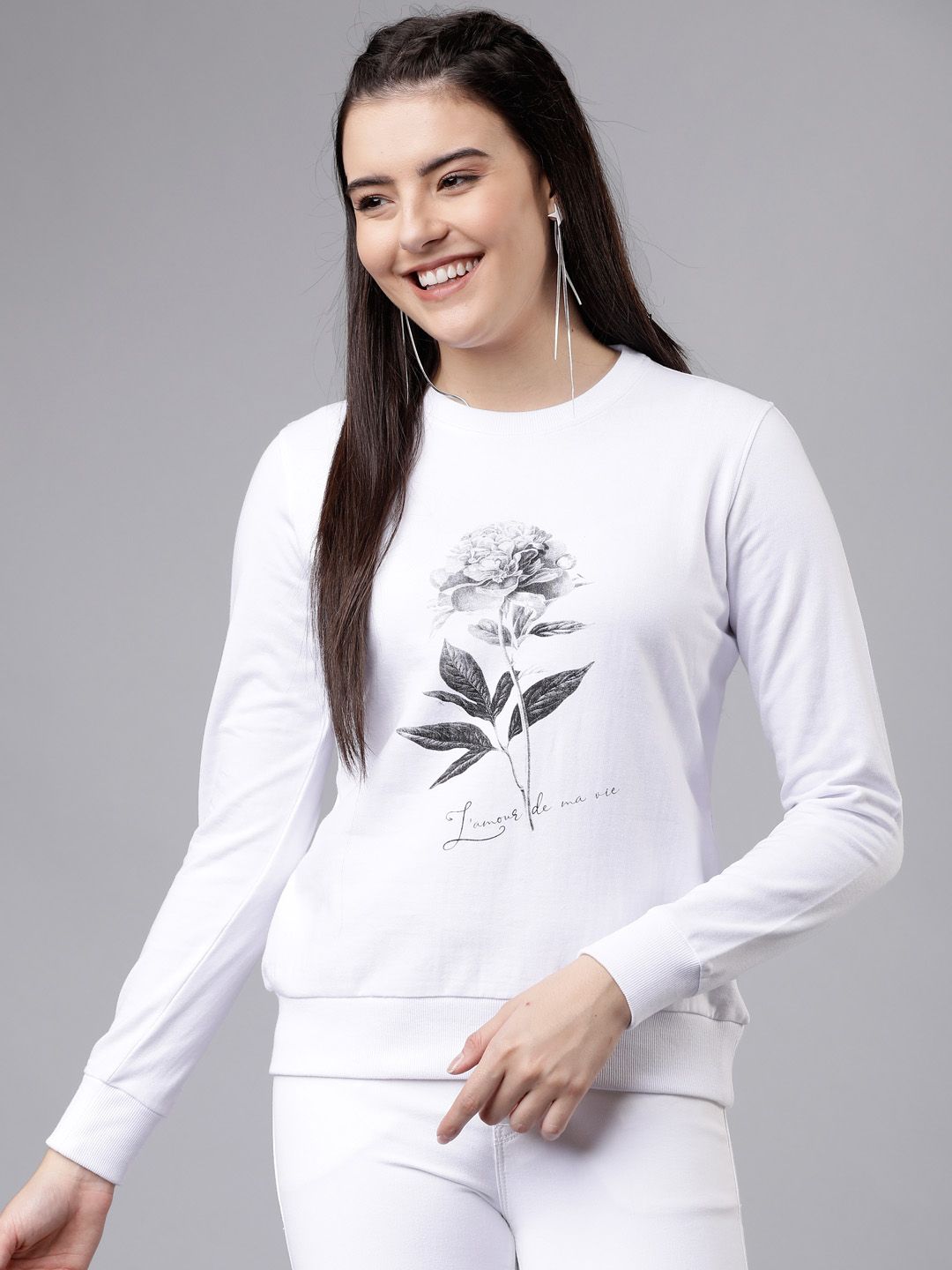 Tokyo Talkies Women White & Black Printed Sweatshirt Price in India