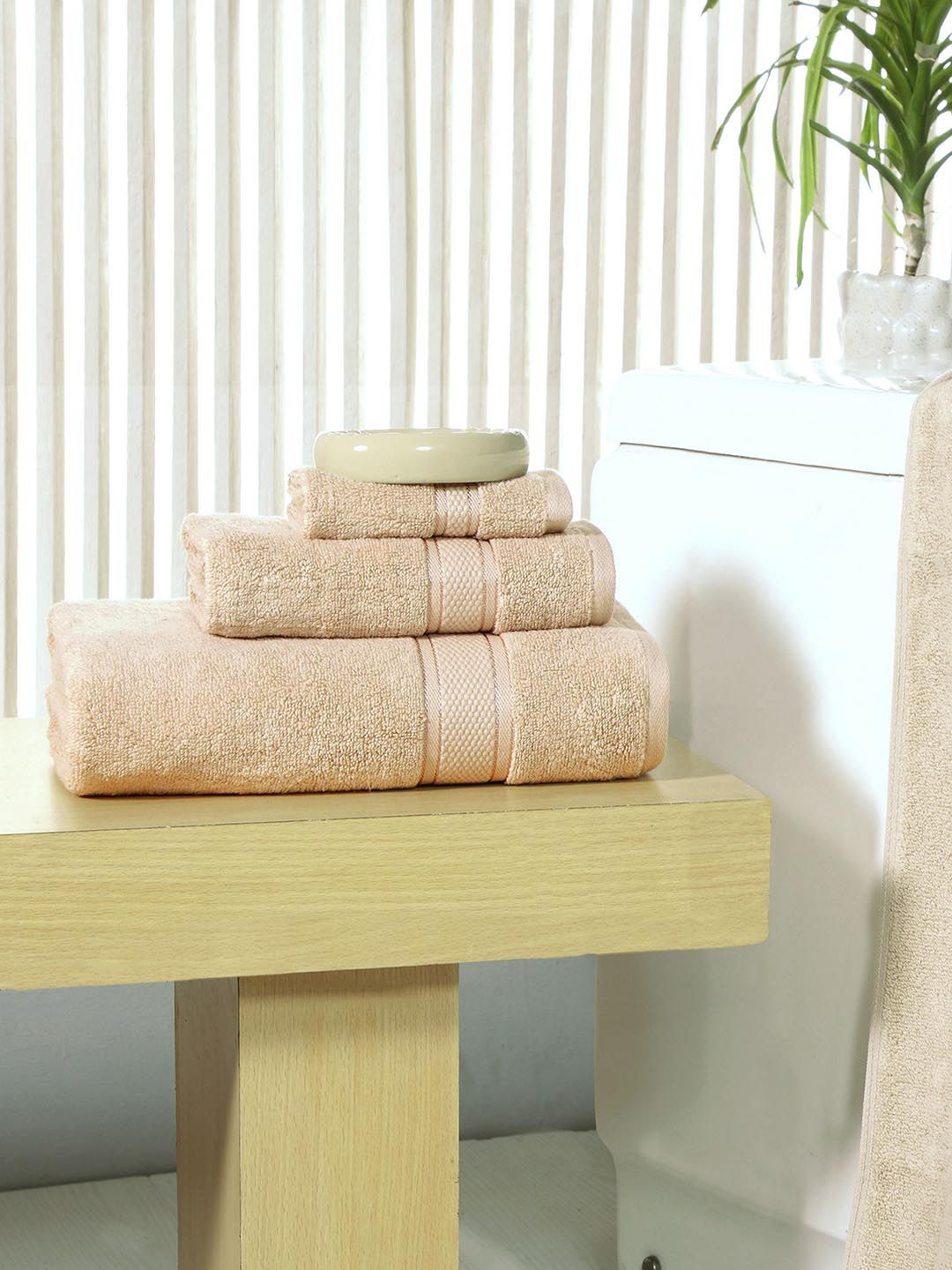 Avira Home Set of 3 Beige Solid 500GSM Pure Cotton Towel Set Price in India