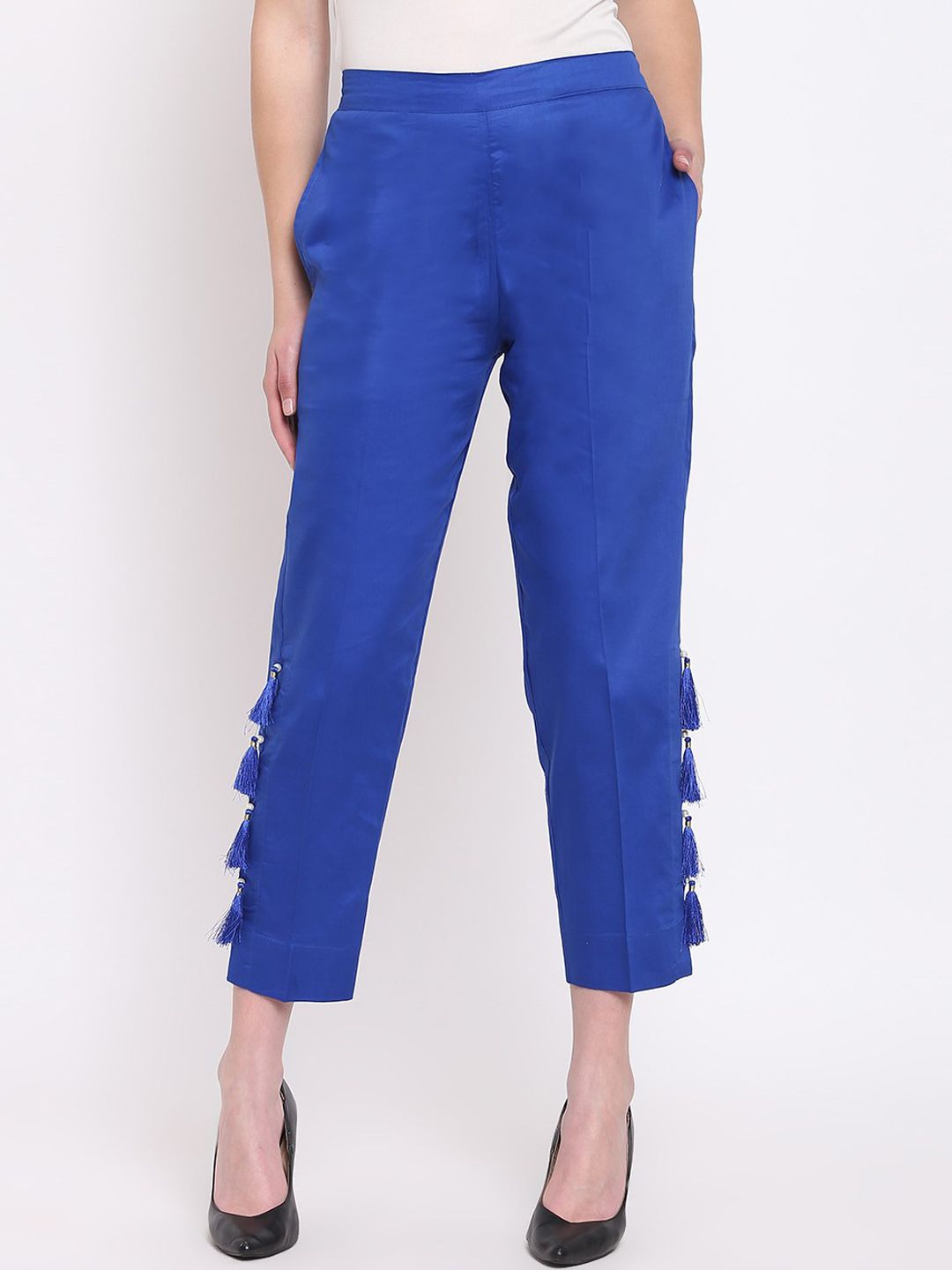 RIVI Women Blue Regular Fit Solid Regular Trousers Price in India