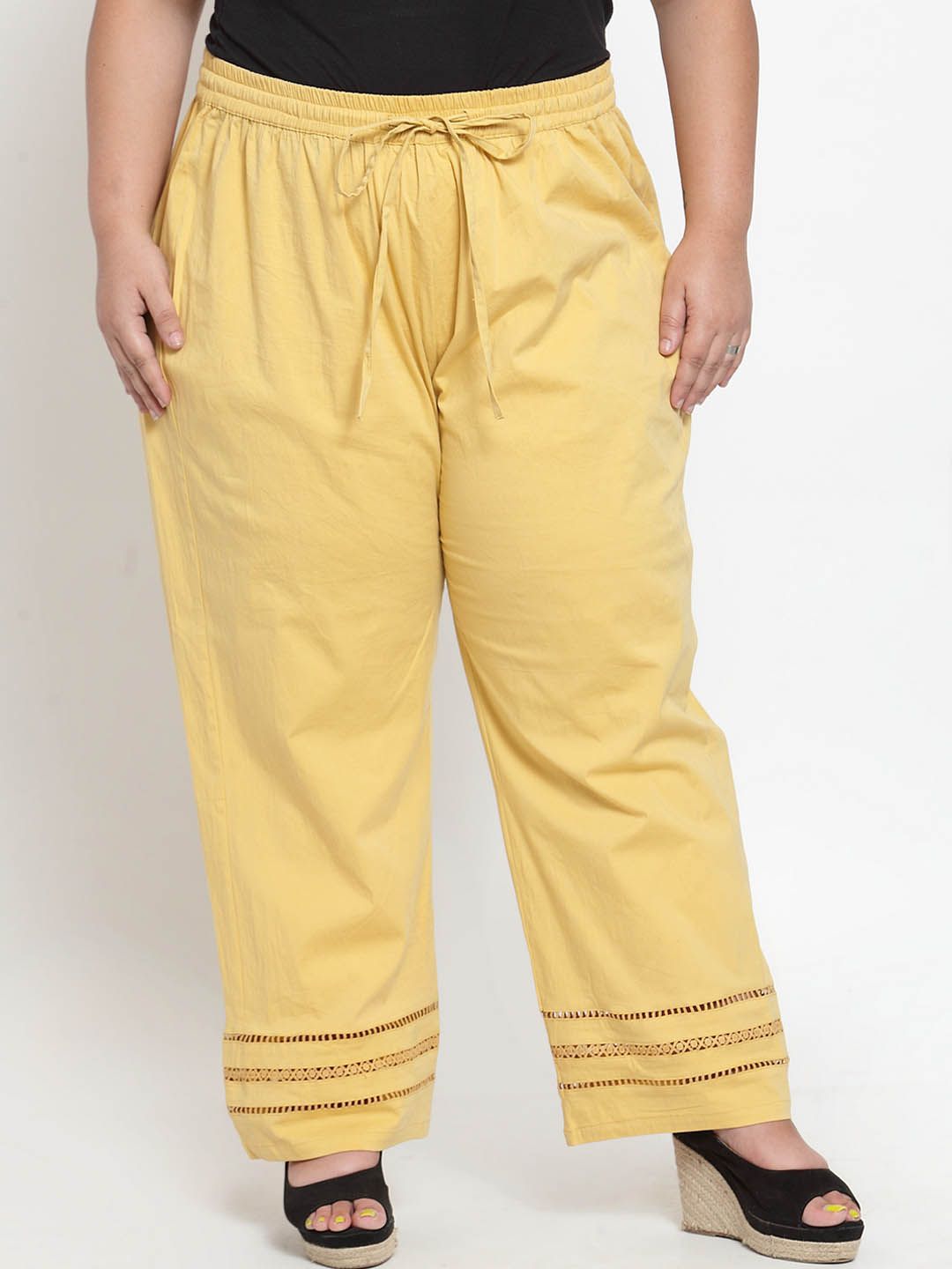 plusS Women Yellow Solid Straight Palazzos Price in India