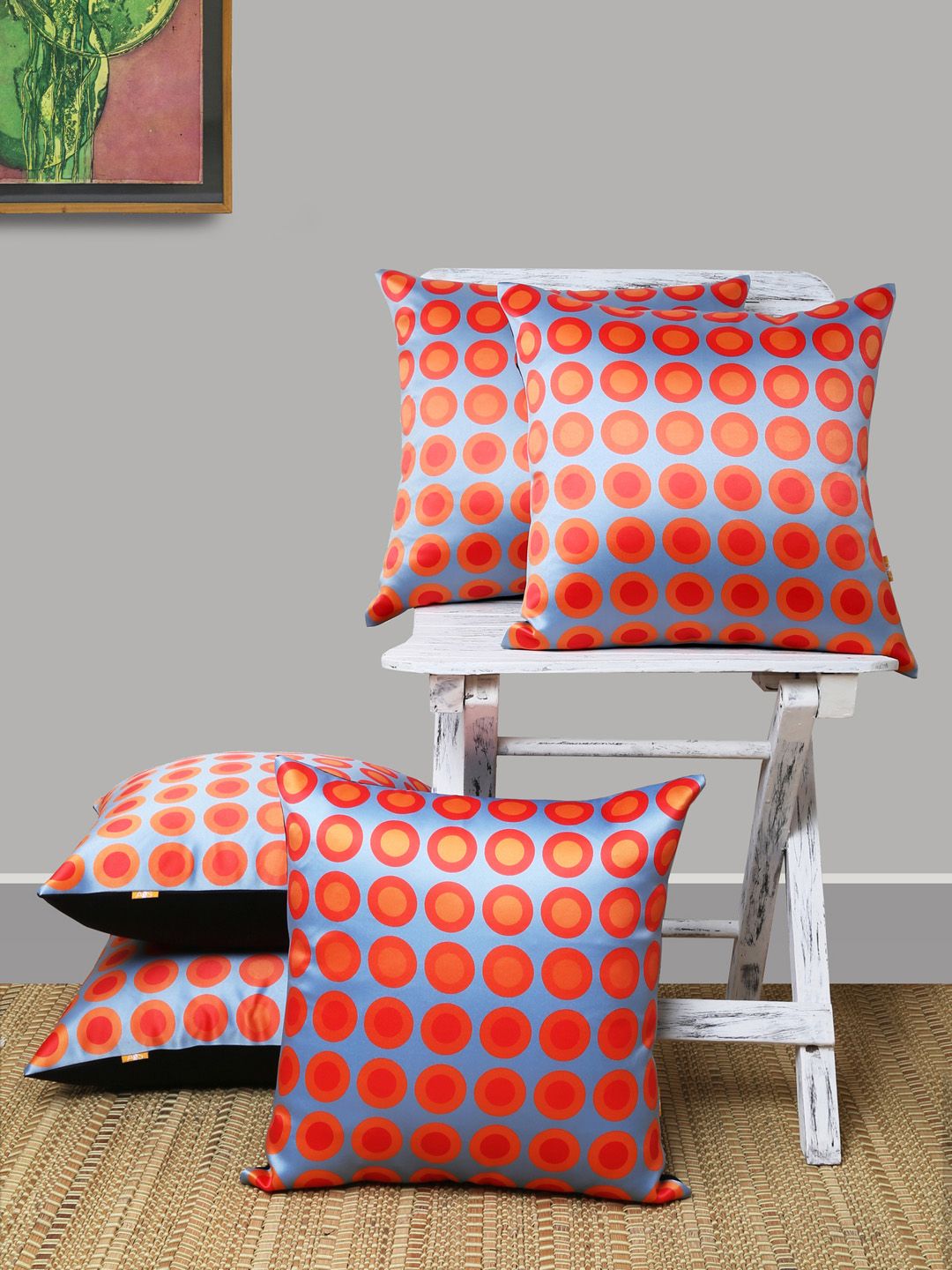 ANS Orange & Grey Set of 5 Geometric Square Cushion Covers Price in India