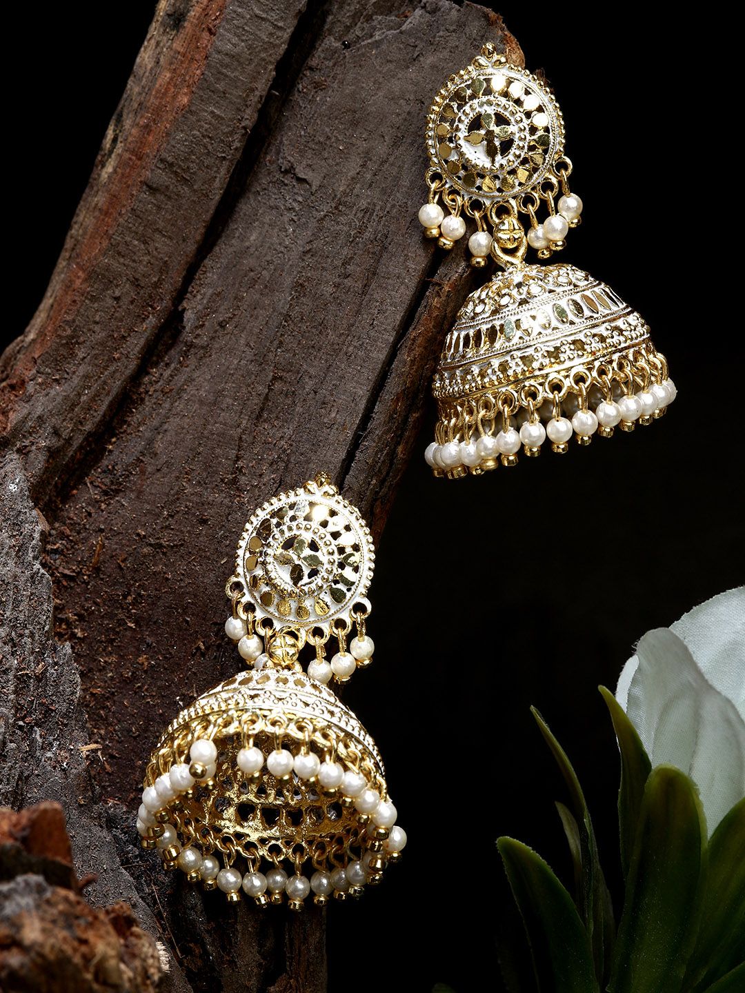 ANIKAS CREATION Gold Plated & White Enamelled Dome Shaped Jhumkas Price in India