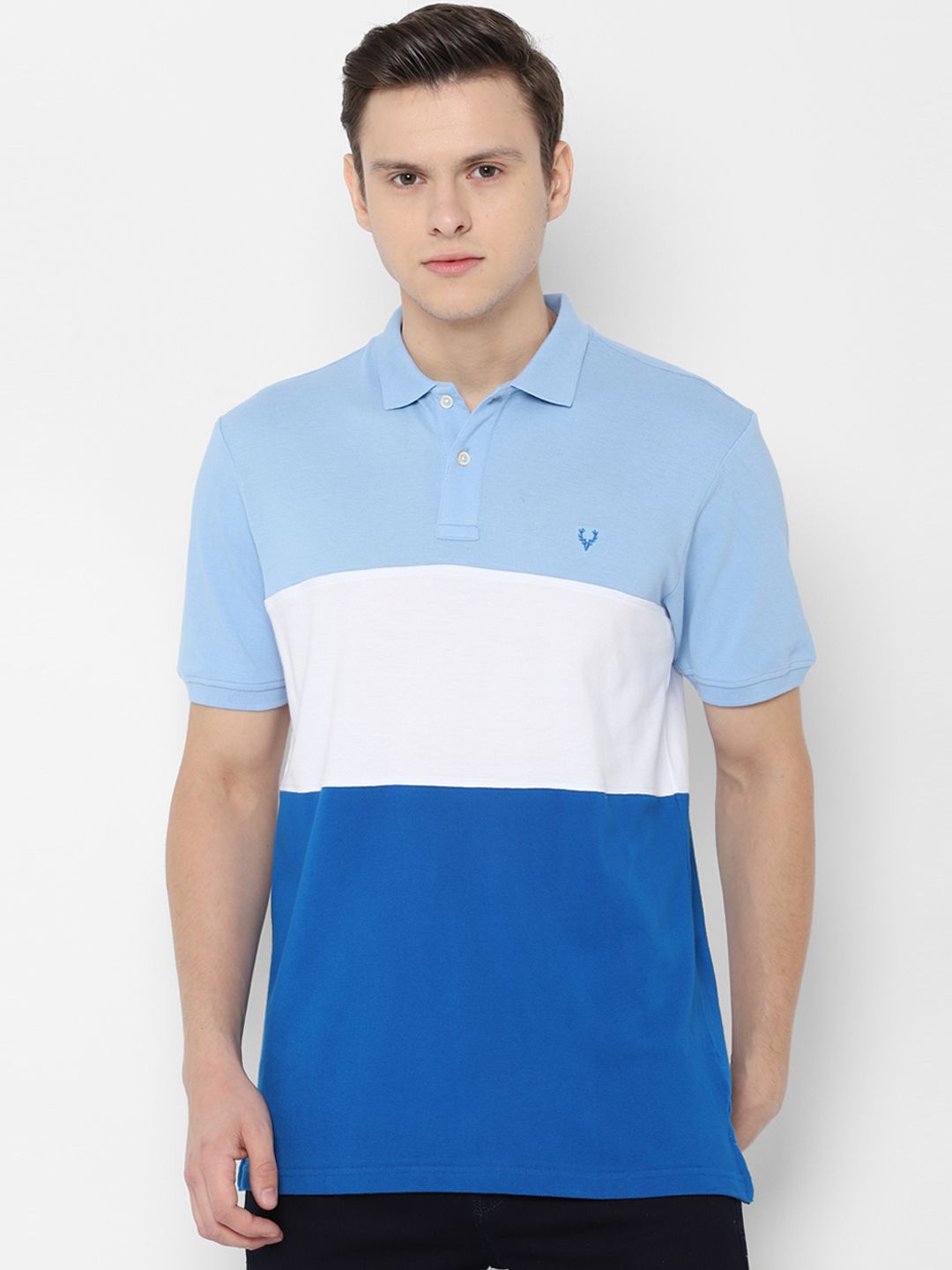 Allen Solly Men Blue White Colourblocked Polo Collar Pure Cotton T-shirt