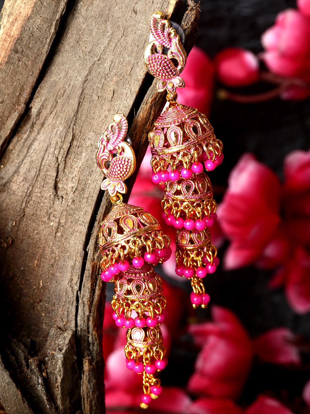 ANIKAS CREATION Gold Plated & Pink Enamelled Dome Shaped Jhumkas Price in India