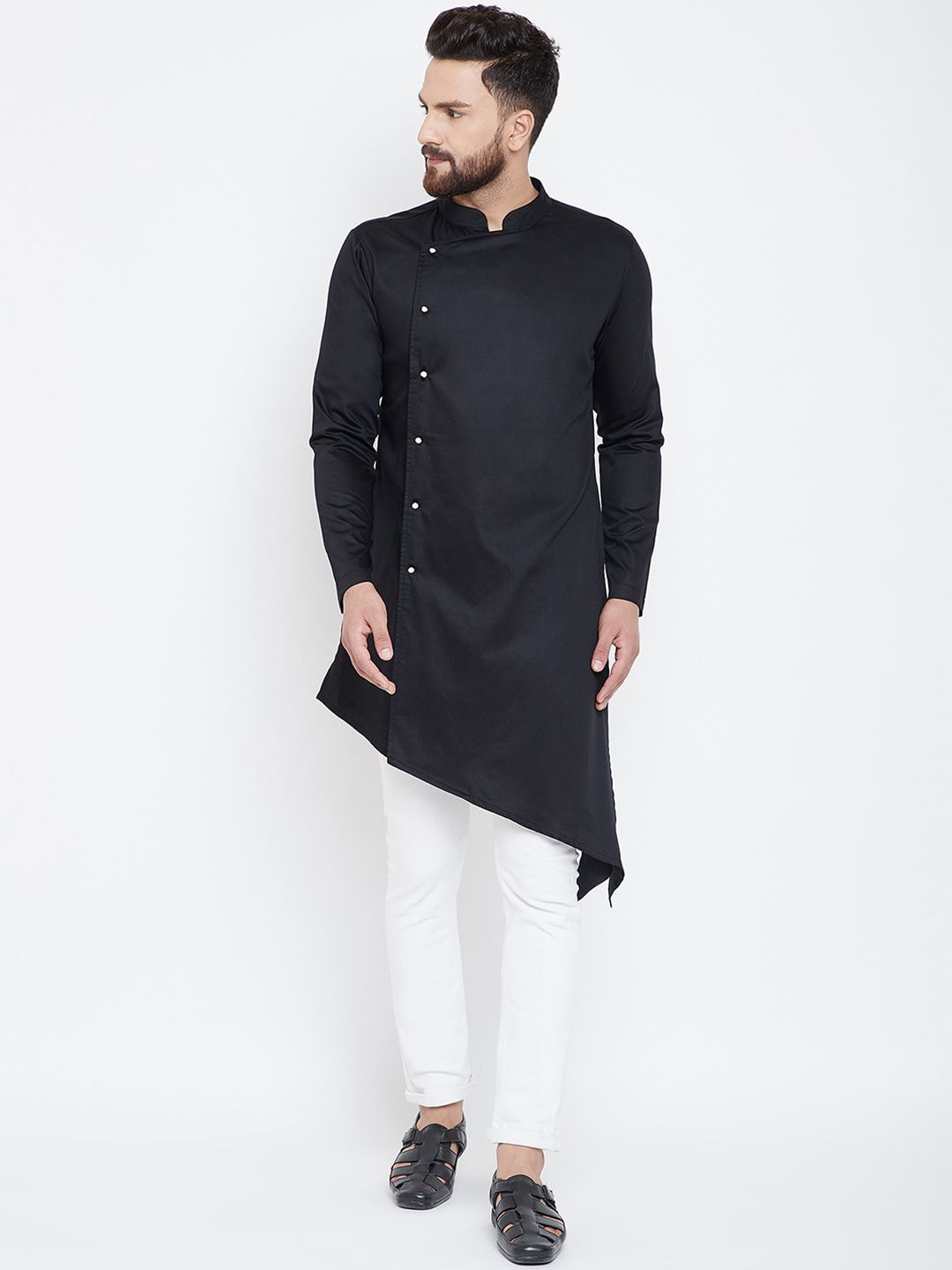 Hypernation Men Black Solid Straight Angrakha Kurta