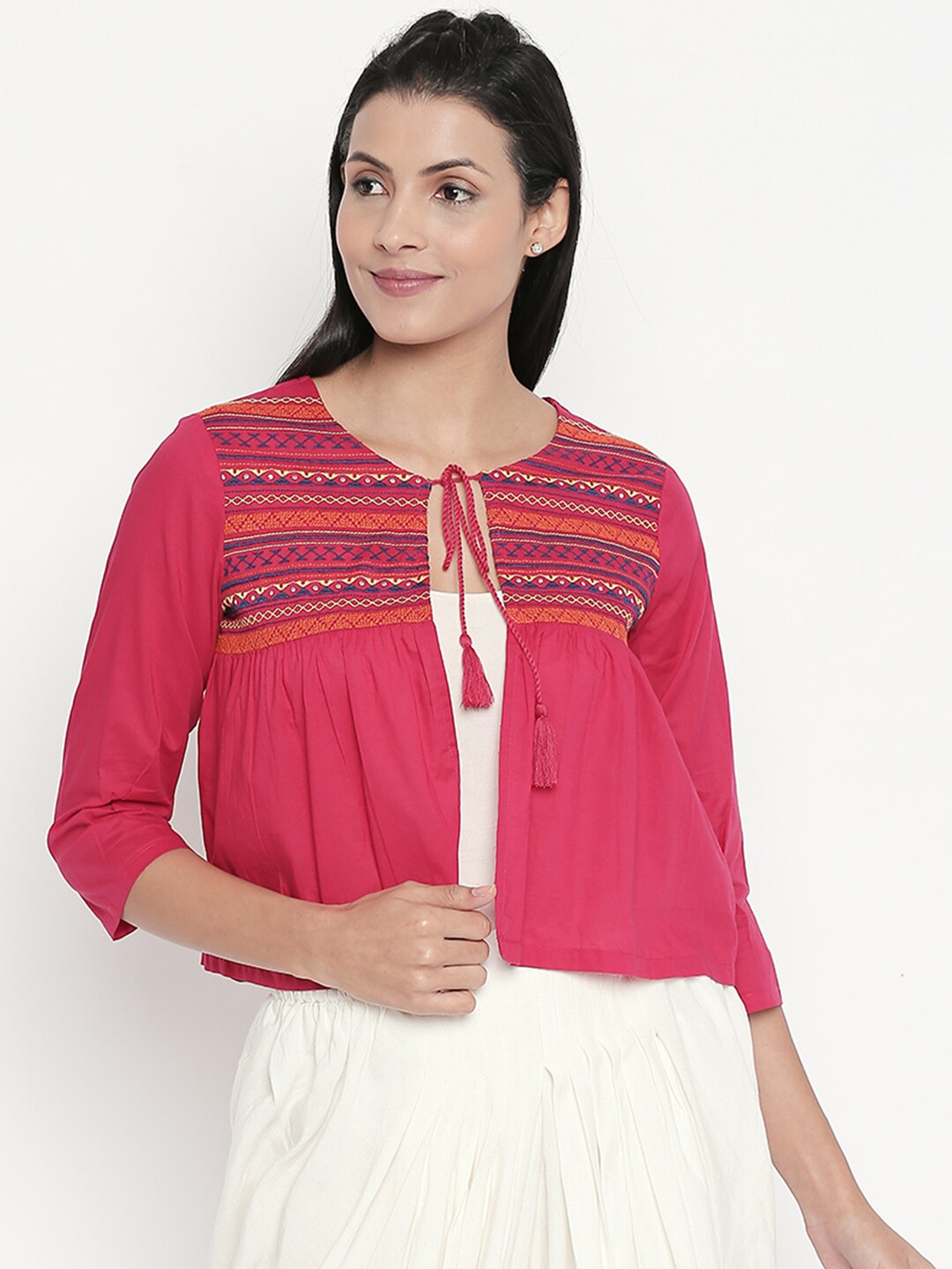 AKKRITI BY PANTALOONS Women Fuchsia Pink Self Design Open Front Jacket Price in India