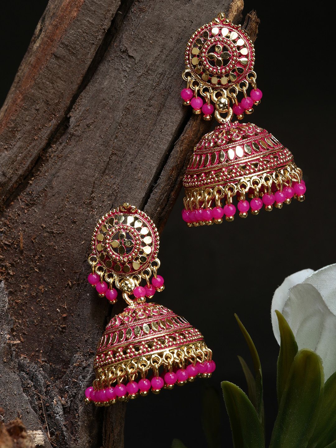 ANIKAS CREATION  Gold plated Pink Dome Shaped Enamelled Jhumkas Price in India