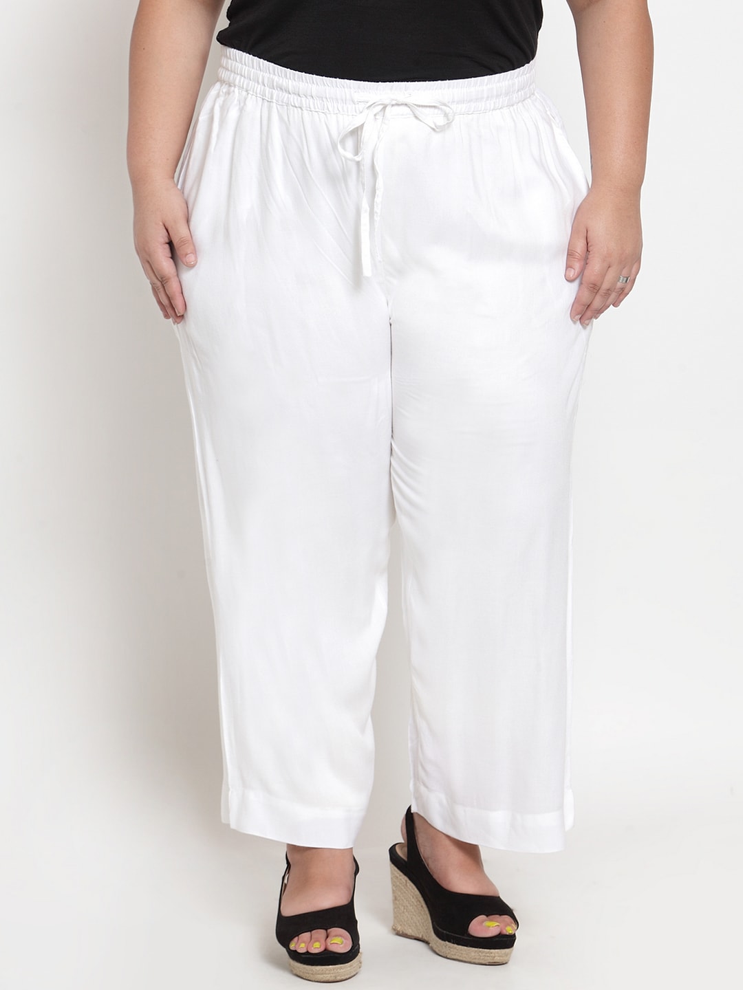 plusS Women Off-White Solid Straight Palazzos Price in India