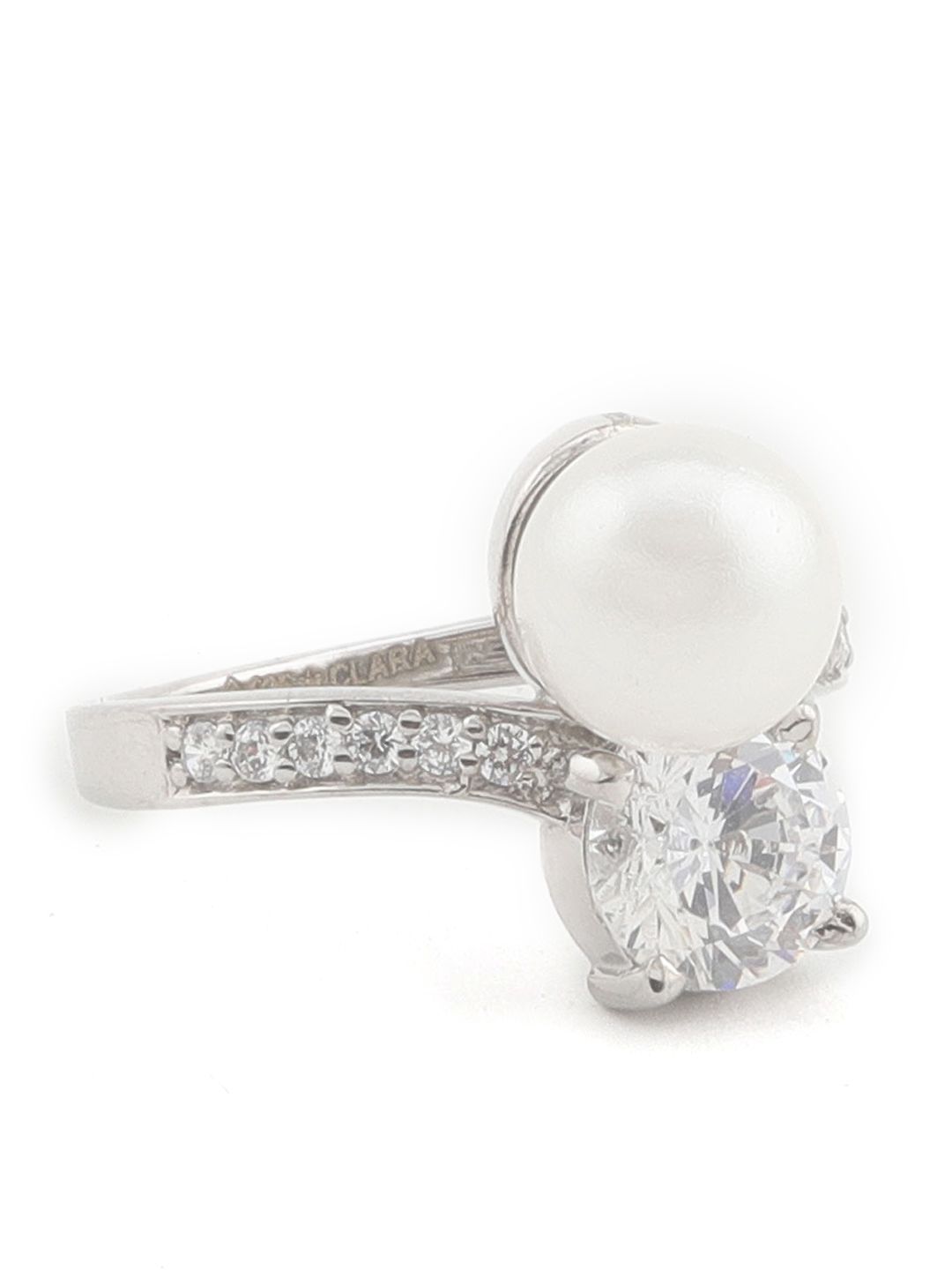CLARA Women 92.5 Sterling Silver & Off-White CZ-Stone & Pearl Embelished Finger Ring Price in India