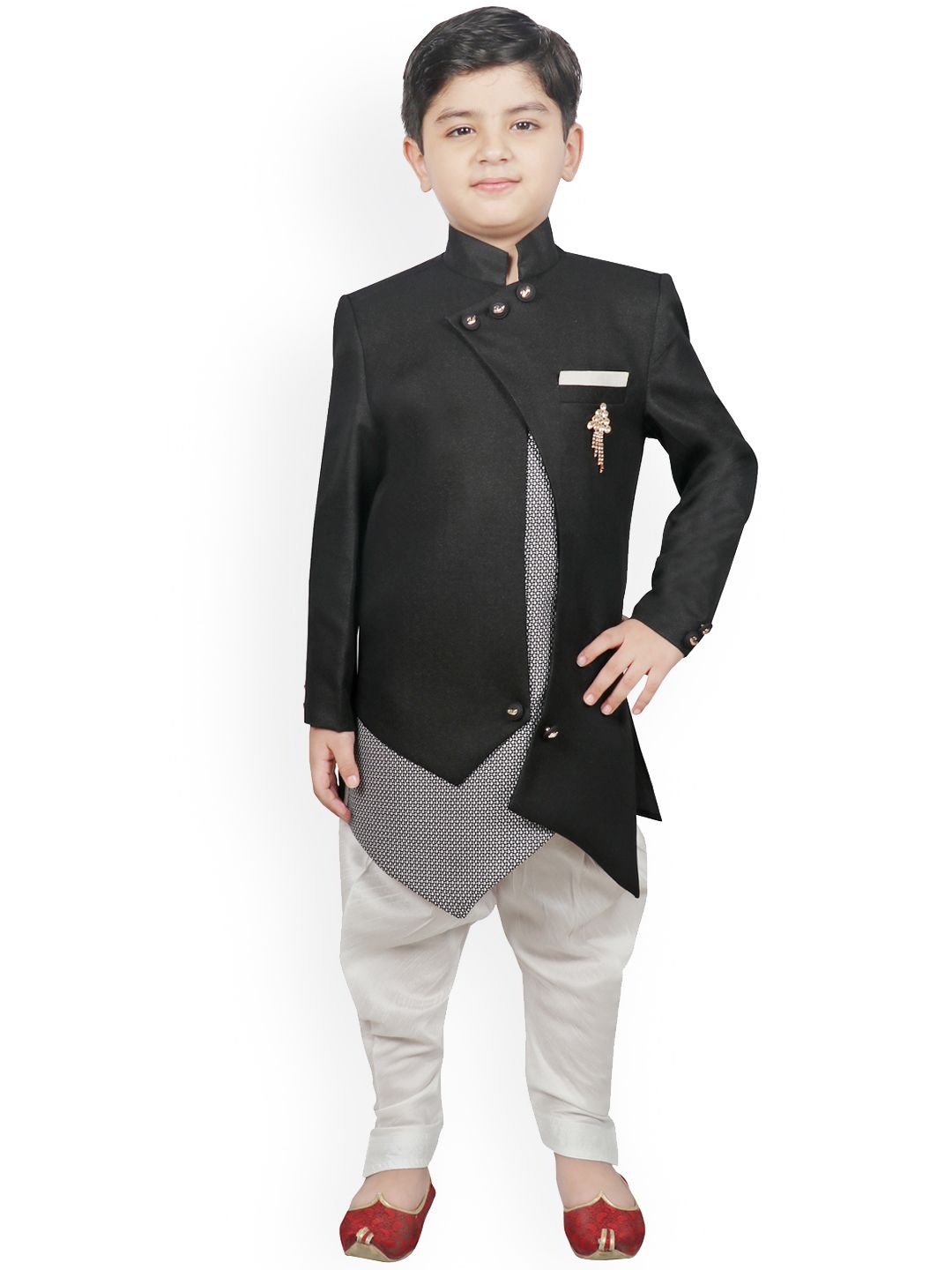 SG YUVRAJ Boys Black & White Solid Silk Sherwani
