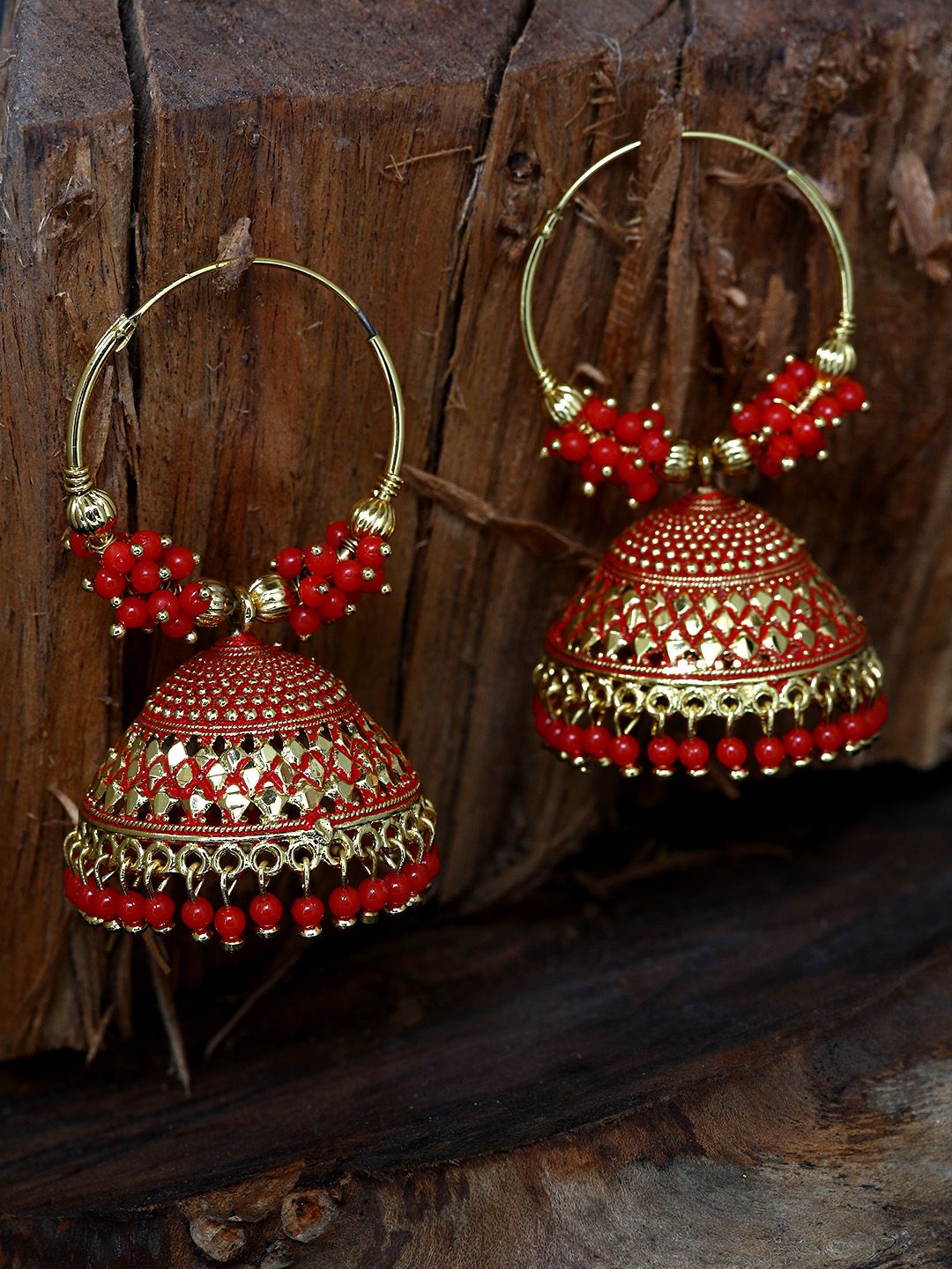 ANIKAS CREATION Red & Gold-Plated Enamelled Dome Shaped Jhumkas Price in India
