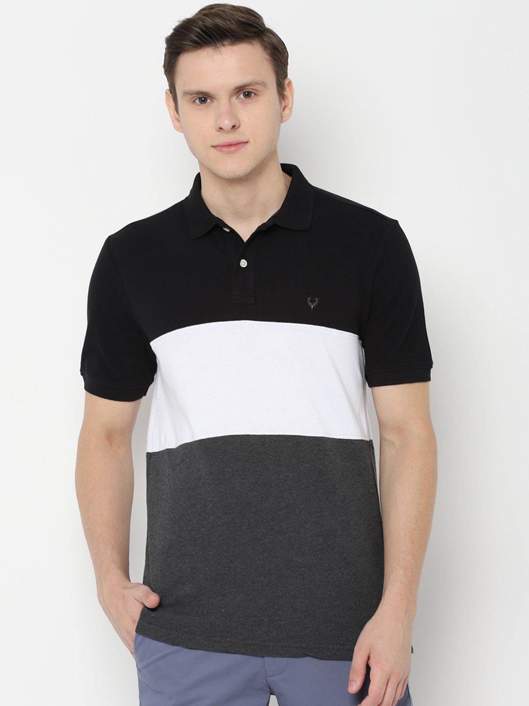 Allen Solly Men Grey  White Colourblocked Polo Collar Pure Cotton T-shirt