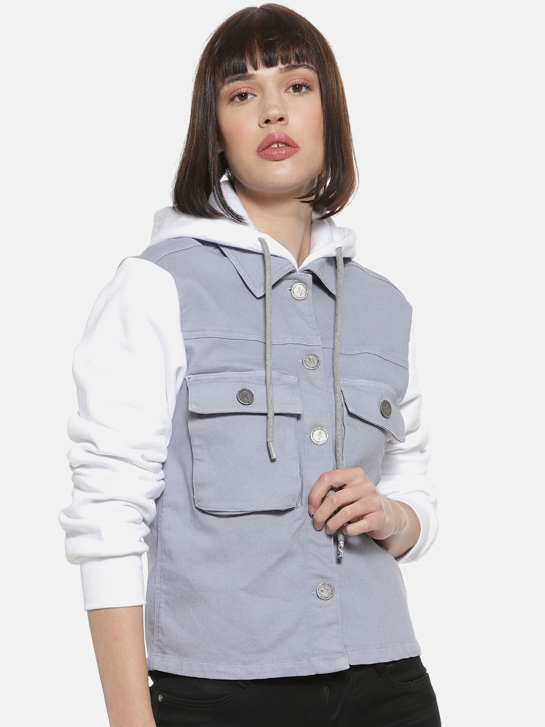 Campus Sutra Women Grey & White Hooded Colourblocked Tailored Jacket Price in India