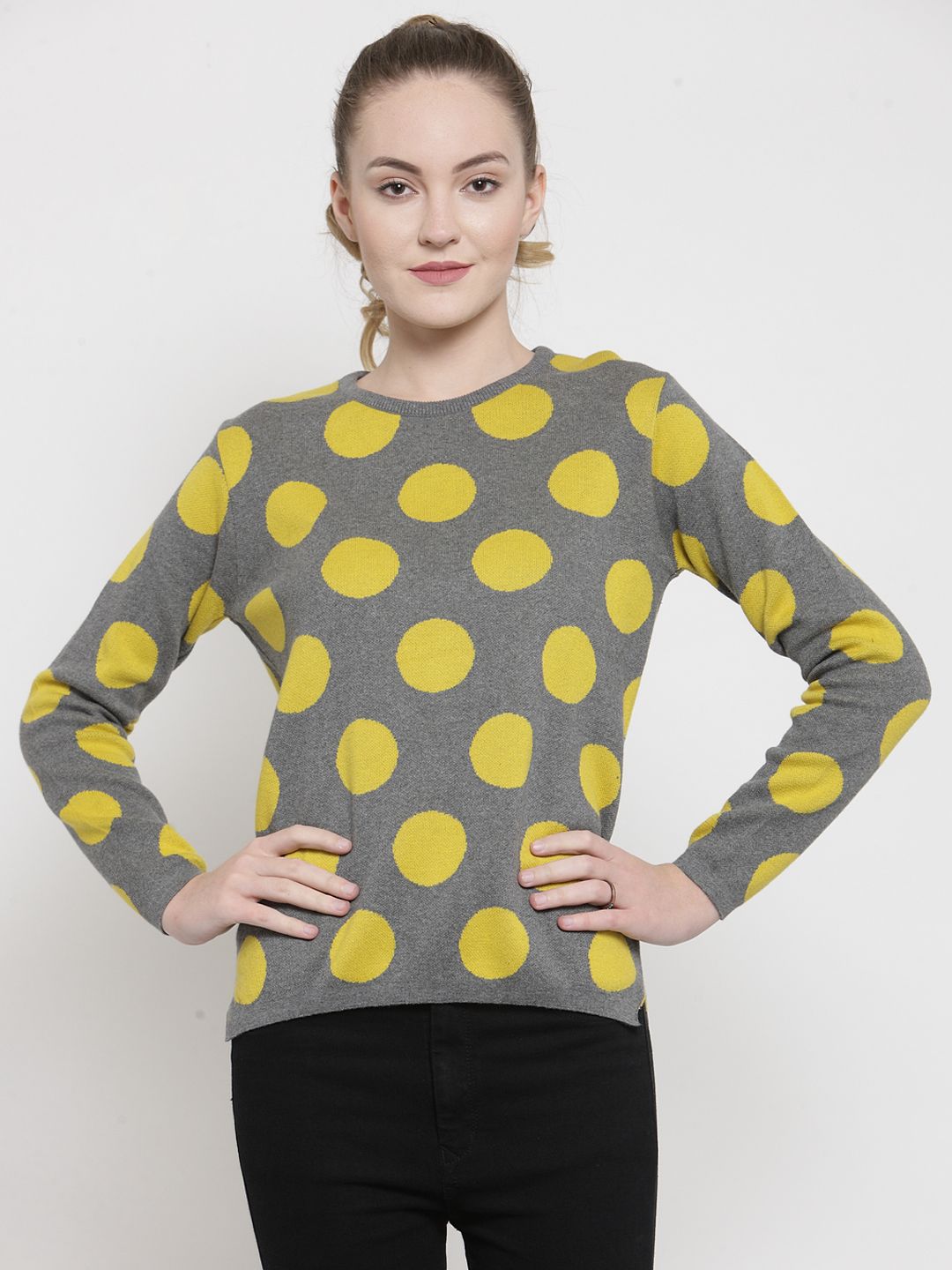 Kalt Women Grey & Yellow Printed Sweater Price in India