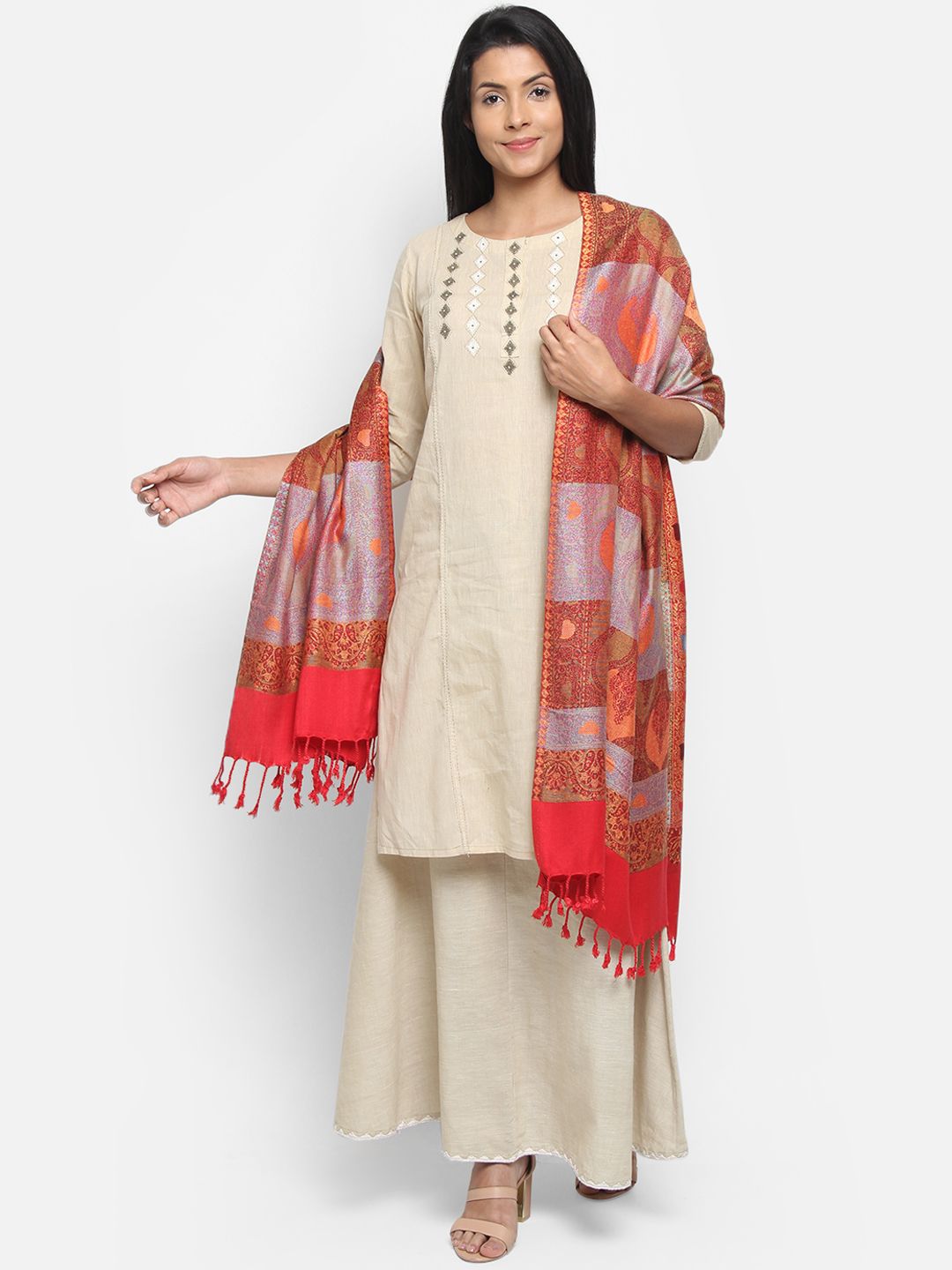 Anekaant Women Red & Blue Woven Design Shawl Price in India