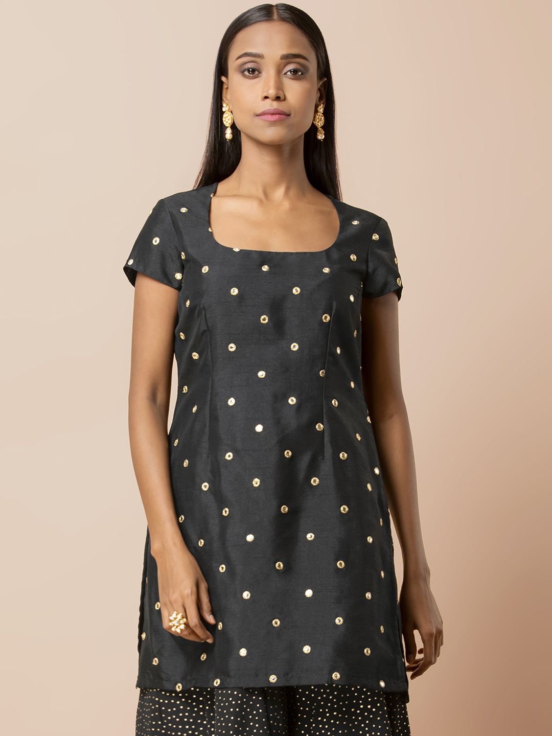 Indya Women Black & Beige Embellished Kurti Price in India