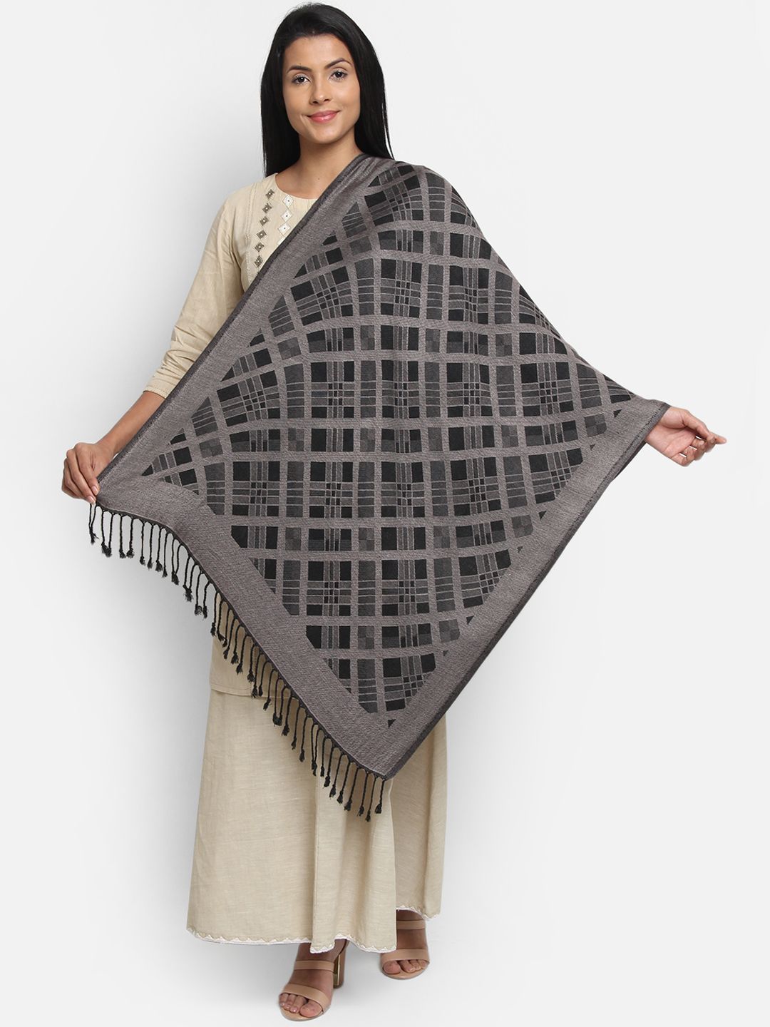 Anekaant Women Black & Grey Woven Design Shawl Price in India